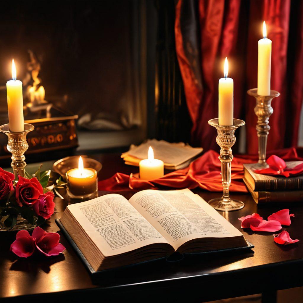 A beautifully arranged desk with an open vintage book, its pages filled with elegant, flowing prose. Soft candlelight illuminates the scene, casting warm shadows that dance across a luxurious silk fabric draped artfully beside it. A hint of rose petals and a glass of deep red wine evoke a sense of romance and allure, inviting readers to delve into the world of erotic literature. The ambiance is intimate and sensual, sparking curiosity and desire. super-realistic. warm colors. intimate atmosphere.