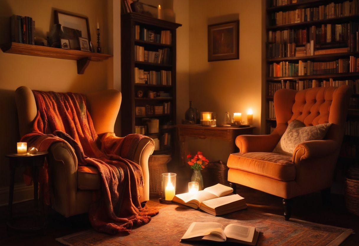 A cozy, inviting reading nook with a plush armchair and soft blankets, surrounded by flickering candles and dim, warm lighting. A book lies open, with ethereal wisps of colorful tales swirling around it, representing the power of storytelling. In the background, gentle silhouettes of intimate moments hint at deeper connections. The atmosphere is romantic and enchanting, inviting readers into a world of sensuality. vibrant colors. soft focus. warm lighting.