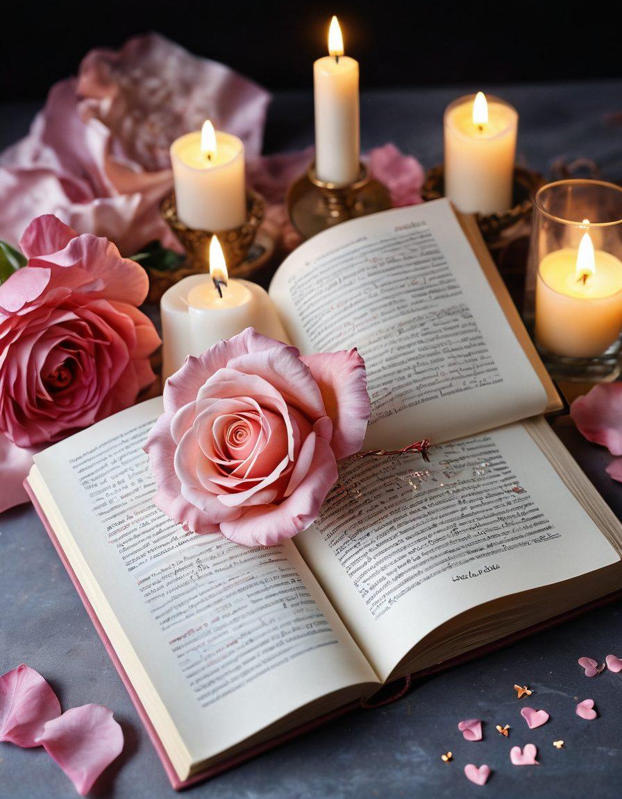 A beautifully designed open book with pages filled with elegant, swirling words and romantic illustrations like intertwined hearts, soft kisses, and starry nights. Surrounding the book are delicate rose petals and a softly lit candle, casting a warm, inviting glow. In the background, hints of dreamy landscapes appear, suggesting an exploration of passion and intimacy. Soft pastels and rich, romantic hues create an enchanting atmosphere. super-realistic. vibrant colors.